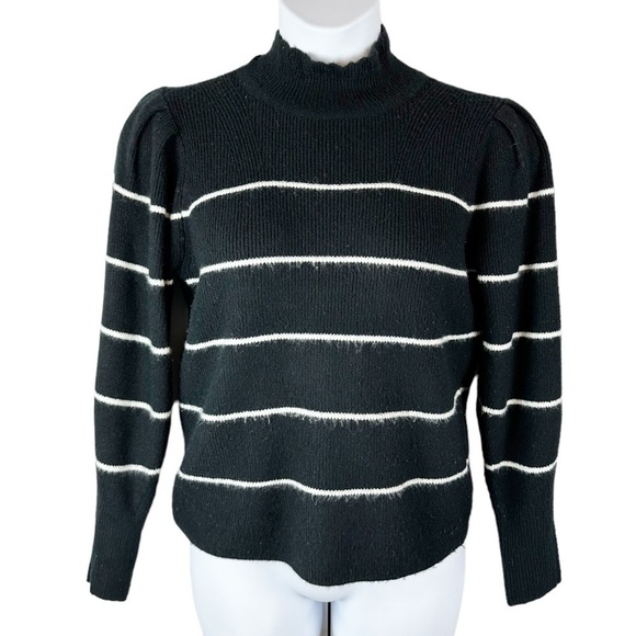 Cece Mock Neck Black and White Stripe Puff Flounce Sleeve Sweater - Picture 1 of 9
